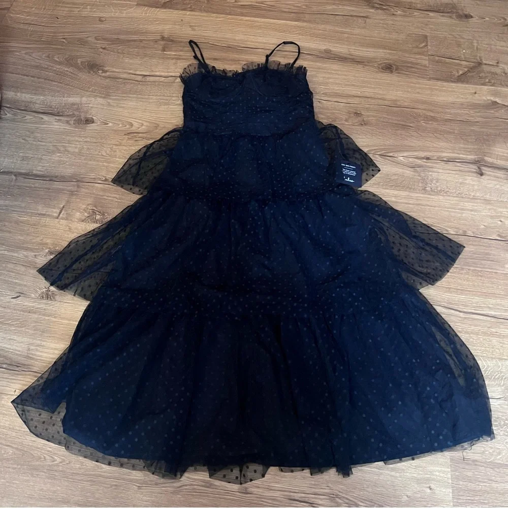 NWT Lulus Sweetheart Style Black Tulle Polka Dot Bustier Midi Dress - Picture 2 of 9